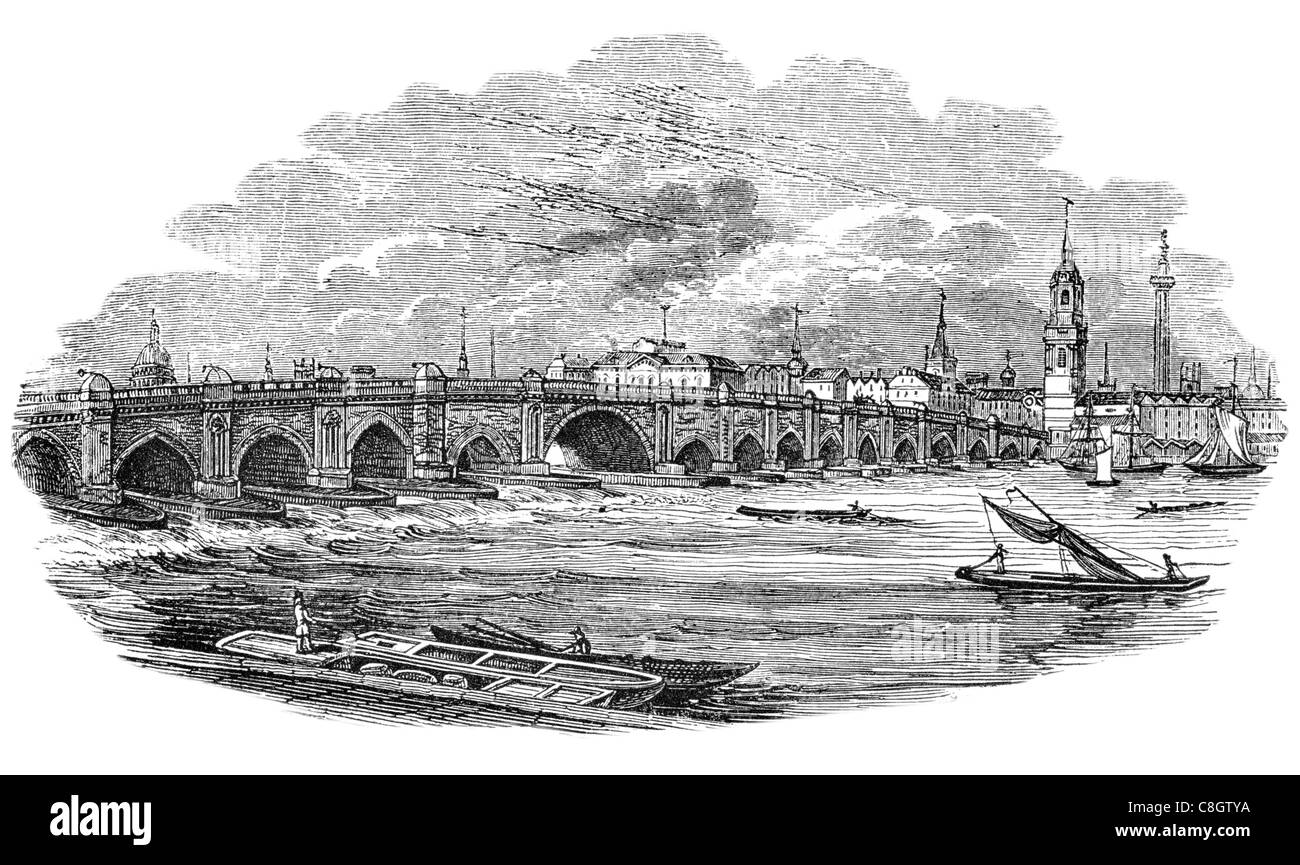 Il vecchio ponte di Londra 1827il traffico sul Fiume Tamigi Thomas Telford ferro arch Giovanni Rennie Foto Stock