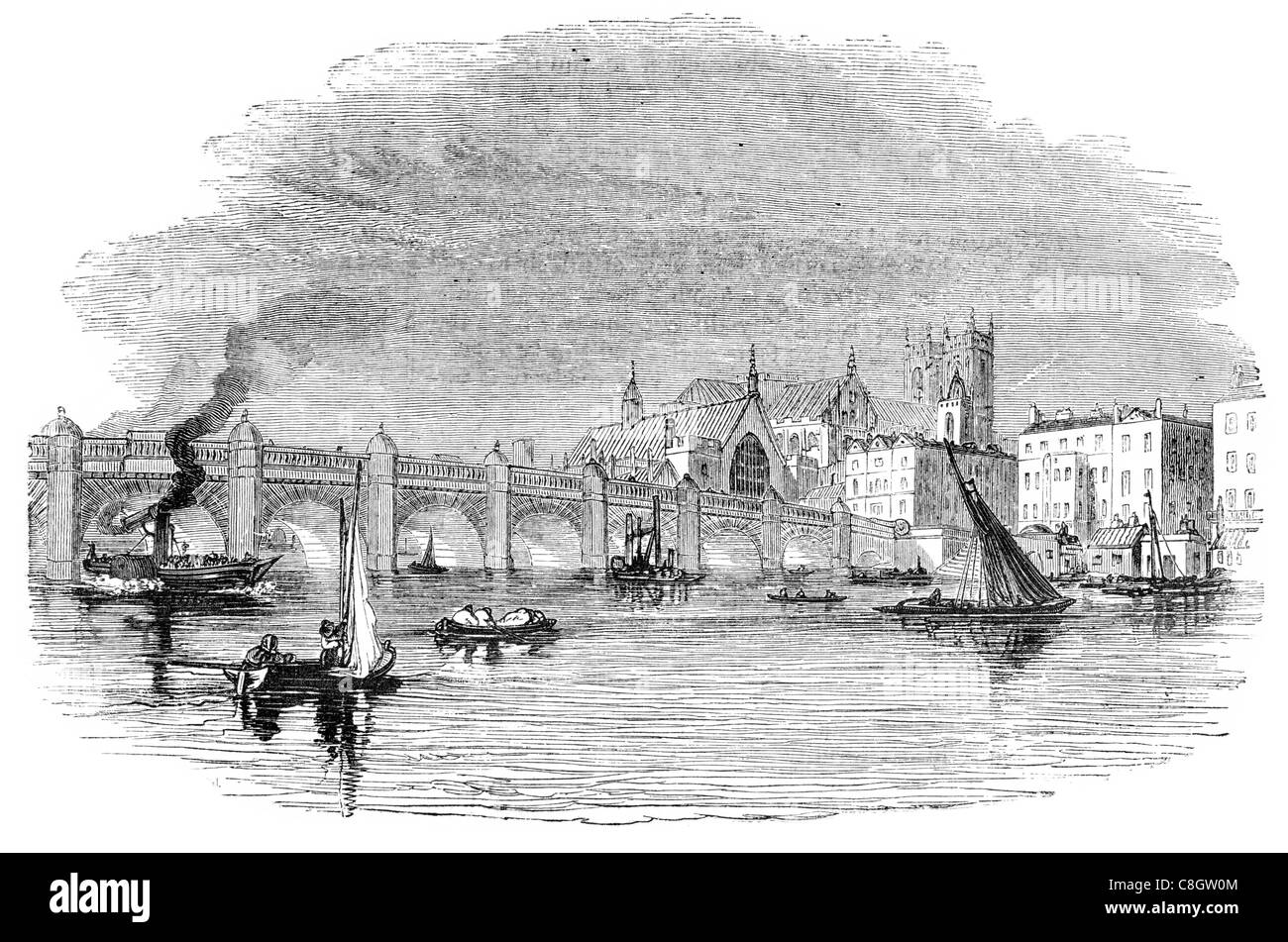 1842 Westminster Bridge Road piedi traffico Fiume Tamigi Lambeth Londra Inghilterra casa Commons signori del Palazzo del Parlamento a vela vela Foto Stock