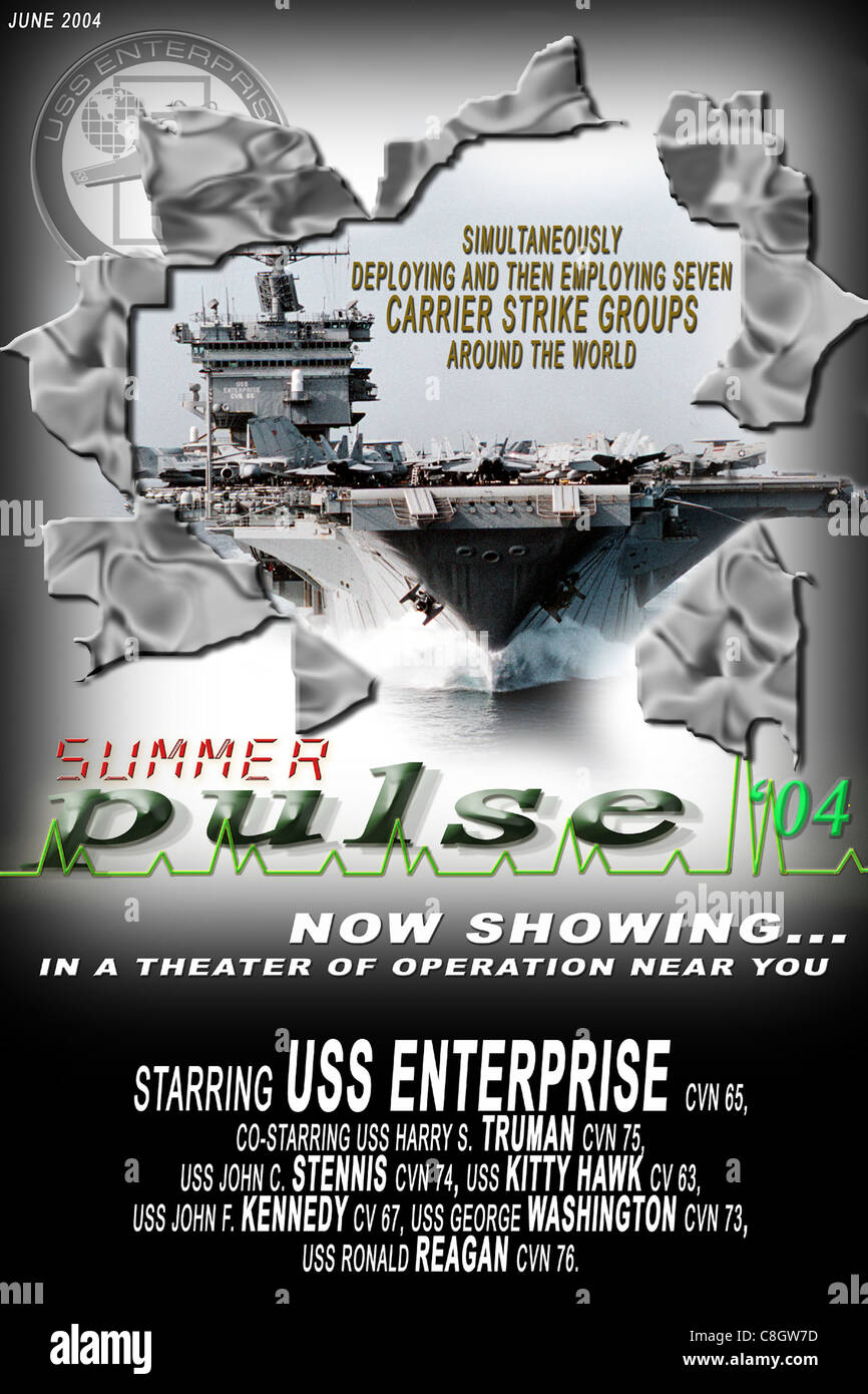 A bordo della USS Enterprise (CVN 65) Ð originale grafica prodotta da fotografi della Marina, e illustratore disegnatore durante gli esercizi a sostegno di Summer Pulse 2004. Summer Pulse è lo schieramento simultaneo di sette gruppi di scioperi di portaerei (CSG), che dimostrano la capacità della Marina di fornire un potere di combattimento credibile in tutto il mondo, in cinque teatri con altre forze militari degli Stati Uniti, alleate e di coalizione. Summer Pulse è il primo impiego della Marina nell'ambito del suo nuovo piano di risposta della flotta (FRP). Foto Stock