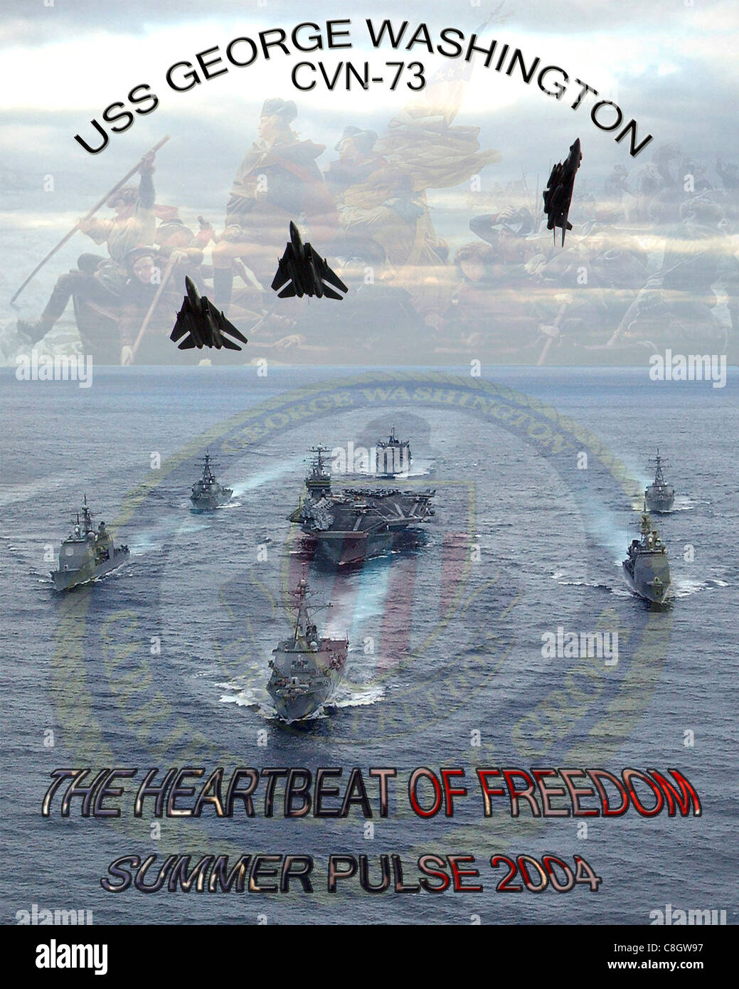 A bordo della USS George Washington (luglio 5,2004) - grafica originale prodotta da fotografi della Marina e disegnatore illustratore durante gli esercizi a sostegno di Summer Pulse 2004. Summer Pulse è lo schieramento simultaneo di sette gruppi di scioperi di portaerei (CSG), che dimostrano la capacità della Marina di fornire un potere di combattimento credibile in tutto il mondo, in cinque teatri con altre forze militari degli Stati Uniti, alleate e di coalizione. Summer Pulse è il primo impiego della Marina nell'ambito del suo nuovo piano di risposta della flotta (FRP). Foto Stock