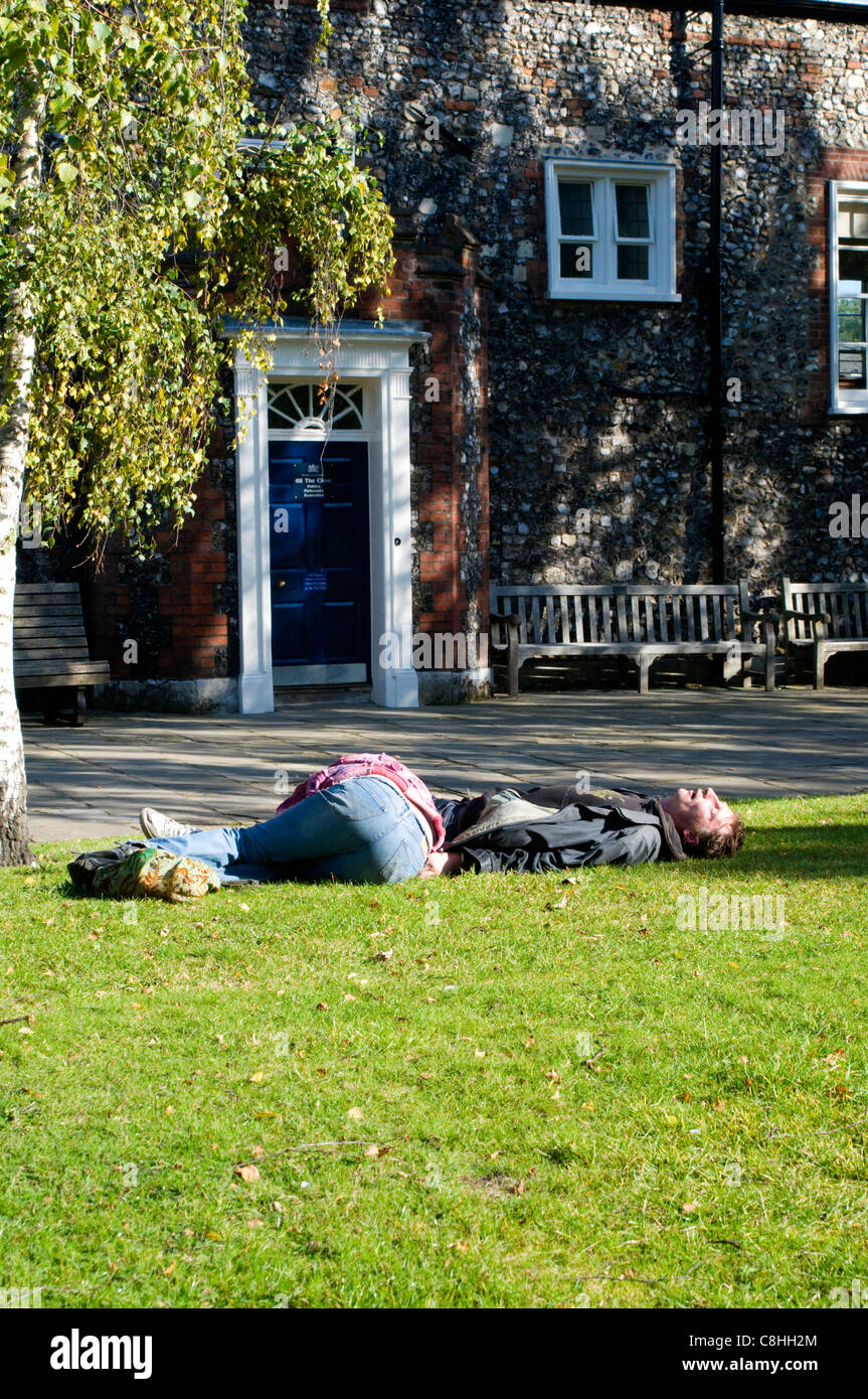 Due ubriachi passato fuori su ogni altro in un giorno caldo in Norwich Foto Stock