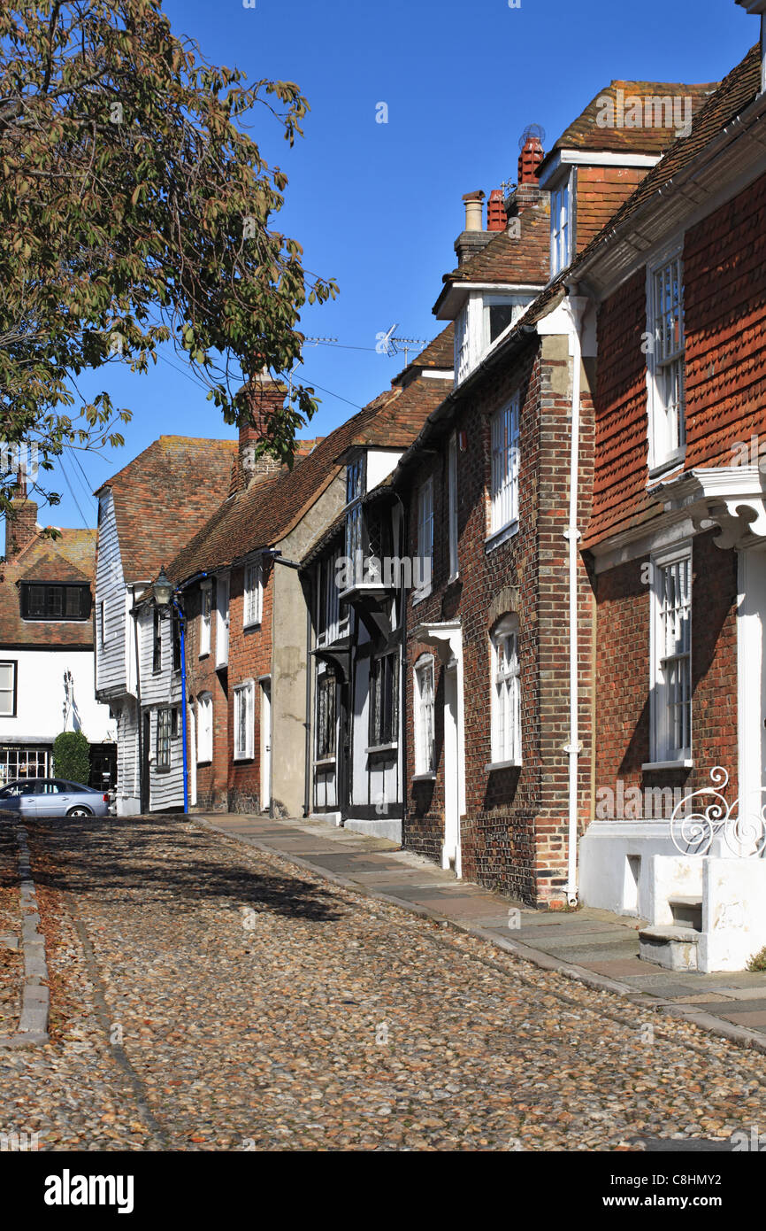Periodo case lungo una strada a ciottoli della segala, East Sussex, Inghilterra Foto Stock
