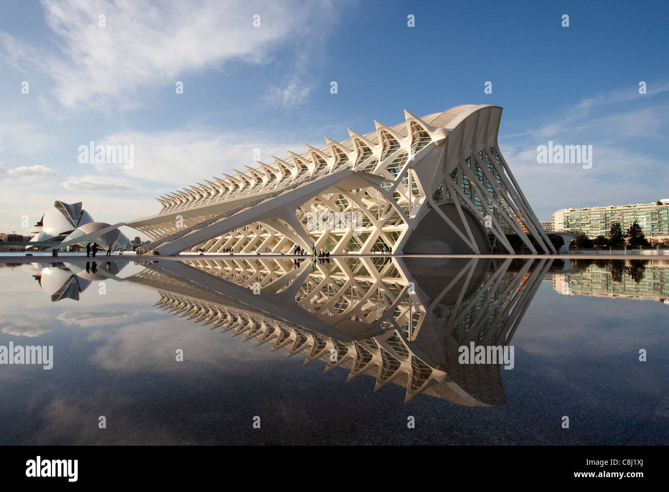 Spagna, Europa, Valencia, Città delle arti e della scienza, Calatrava, architettura moderna, acqua Foto Stock