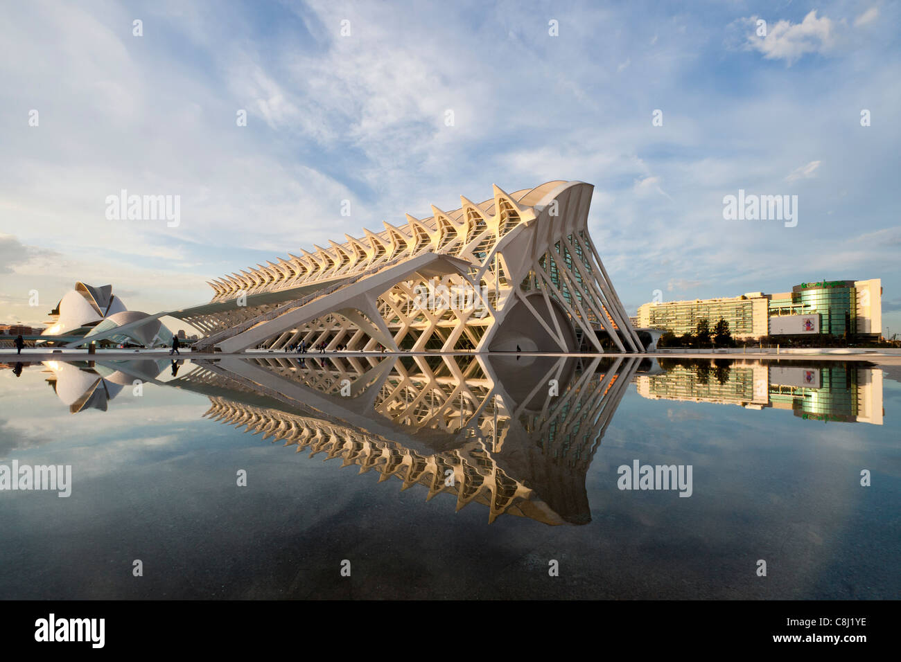Spagna, Europa, Valencia, Città delle arti e della scienza, Calatrava, architettura moderna, acqua Foto Stock