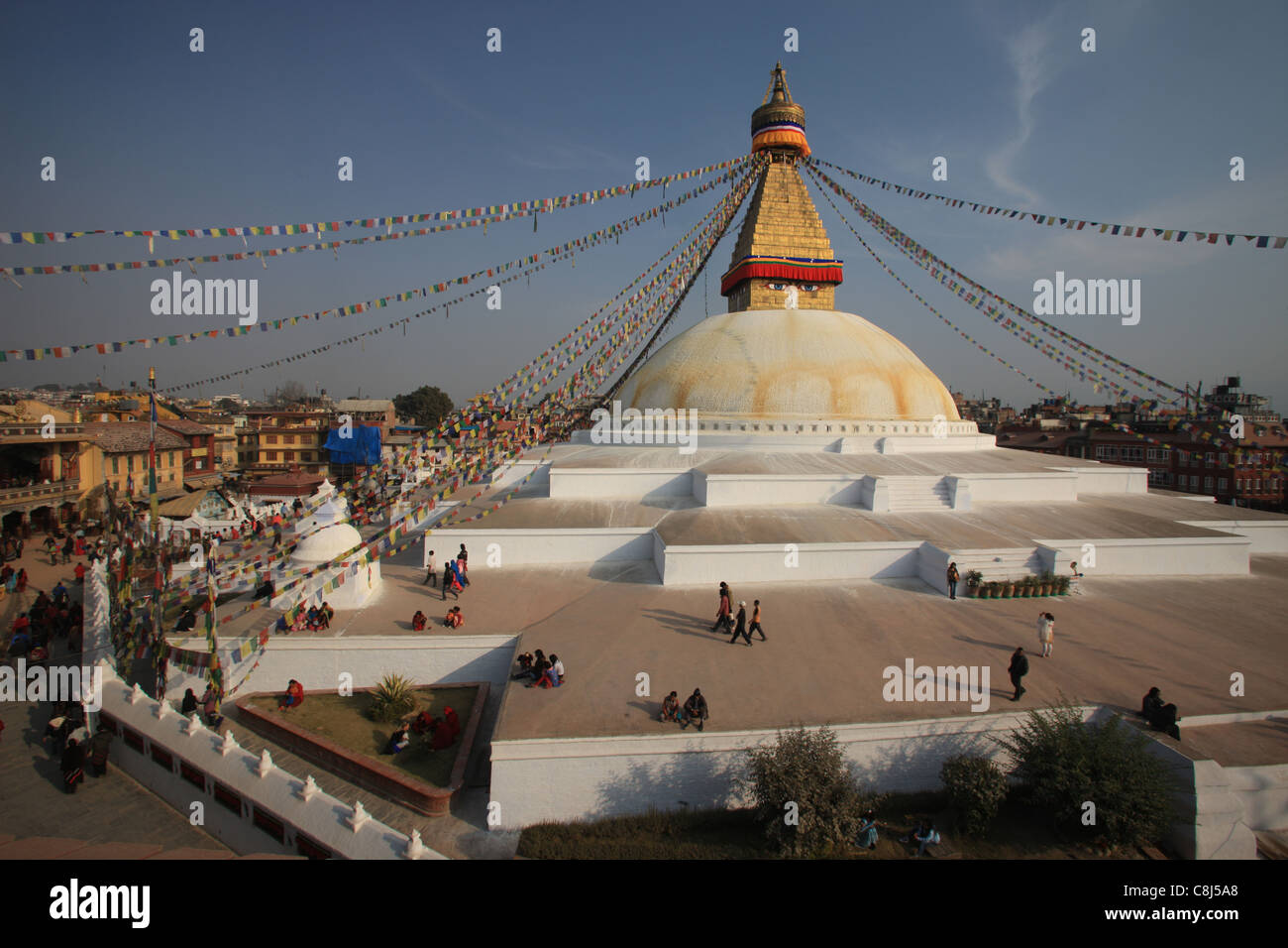 Stupa Boudhanath, Boudha, Kathmandu, Nepal, Asia, religione, buddismo buddisti, pellegrino, luogo sacro, destinazione sacra, smentisce Foto Stock