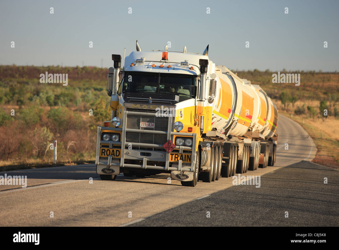 Road train, Australia, Outback, verso il basso, sotto al carrello, gigantesche, gigante Foto Stock