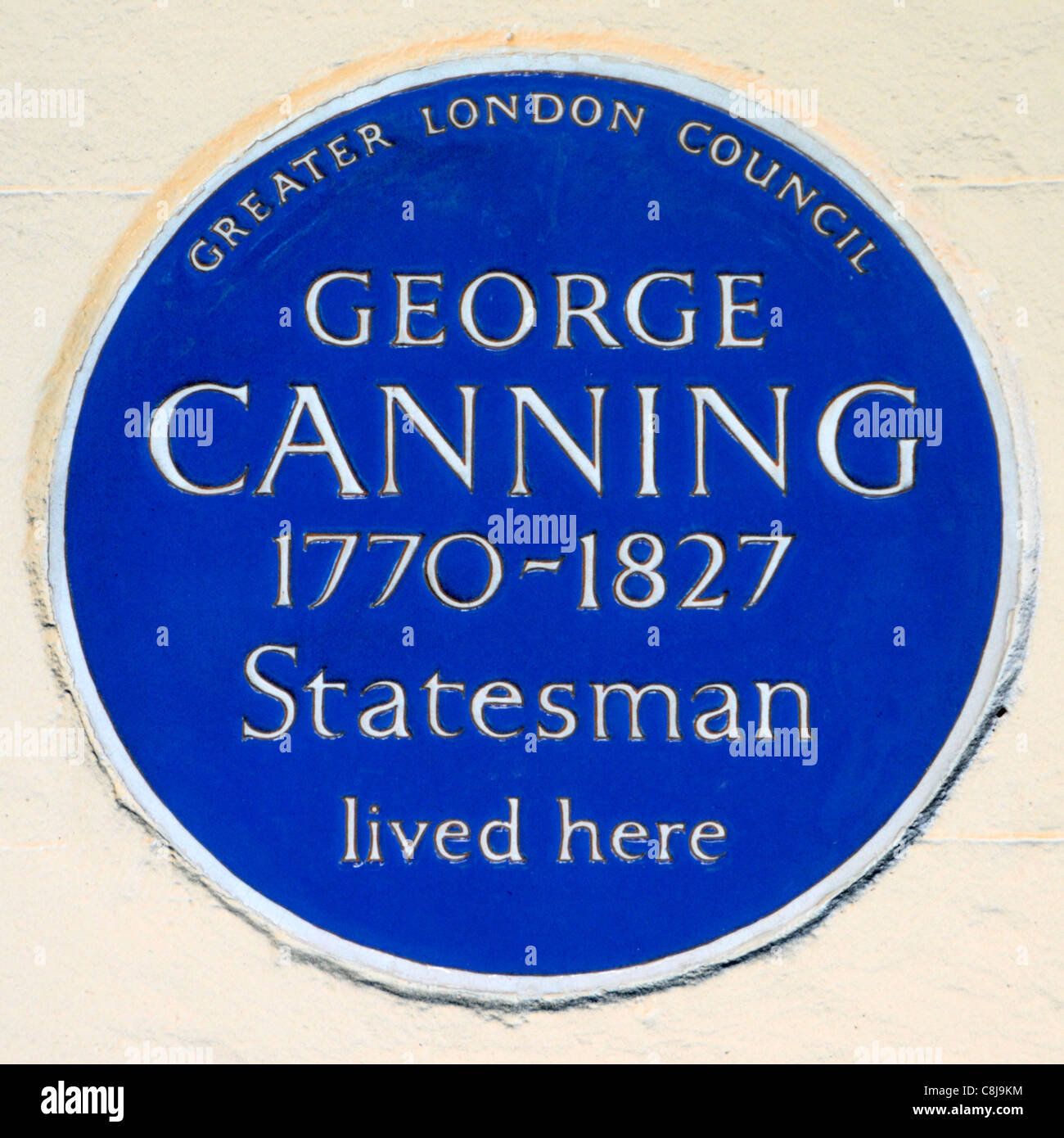 Greater London Consiglio targa blu omaggio a George Canning statista britannico e Tory politico vissuto qui Mayfair West End di Londra Inghilterra REGNO UNITO Foto Stock