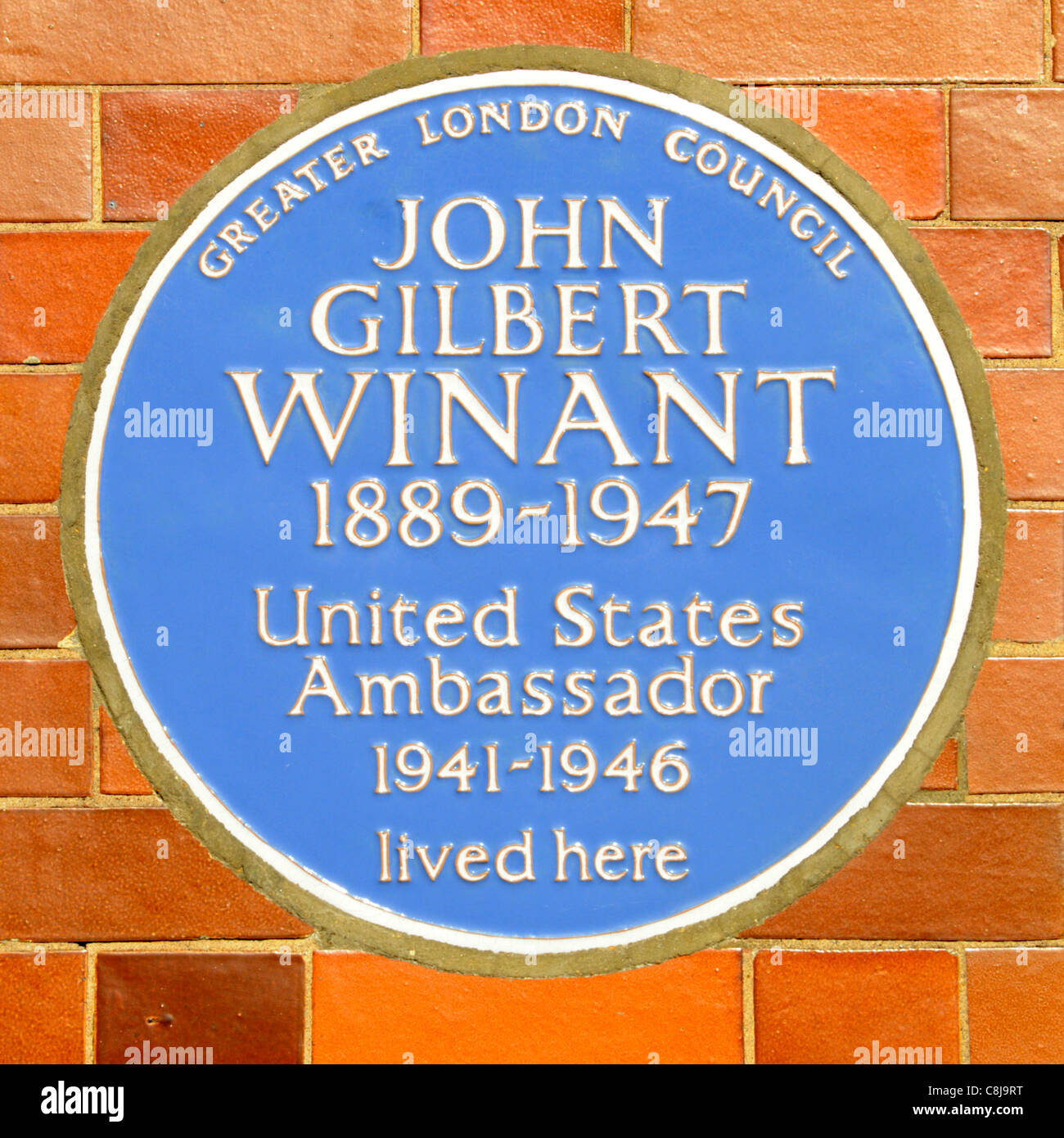 Greater London Consiglio blue lapide che ricorda John Gilbert Winant Stati Uniti ambasciatore americano vissuto qui Mayfair West End di Londra Inghilterra REGNO UNITO Foto Stock