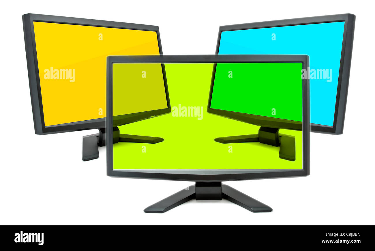 Tre monitor con schermi di diversi colori Foto Stock