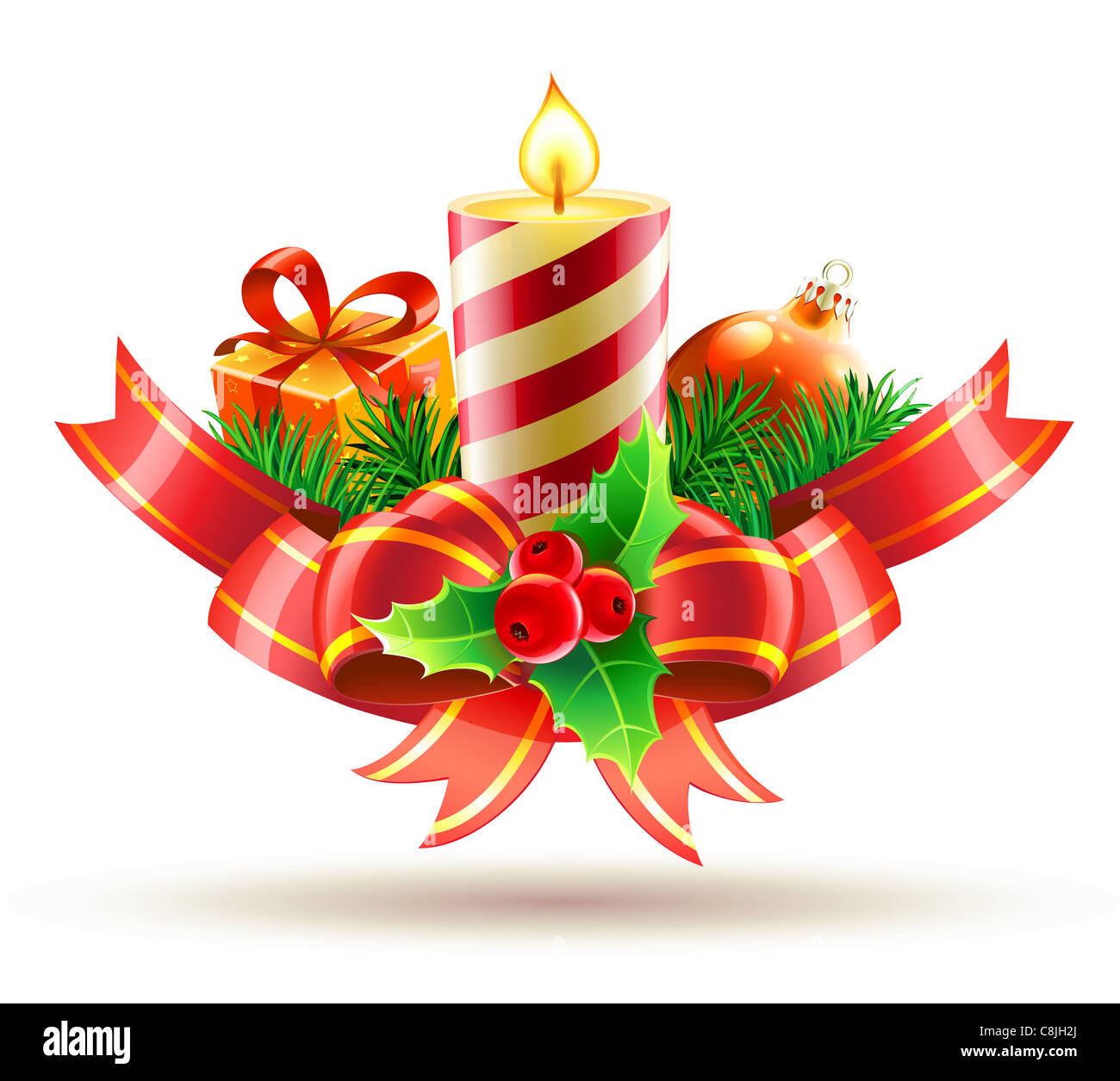 Illustrazione di Natale composizione decorativa con fiocco rosso, nastri, candela, holly foglie e bacche Foto Stock