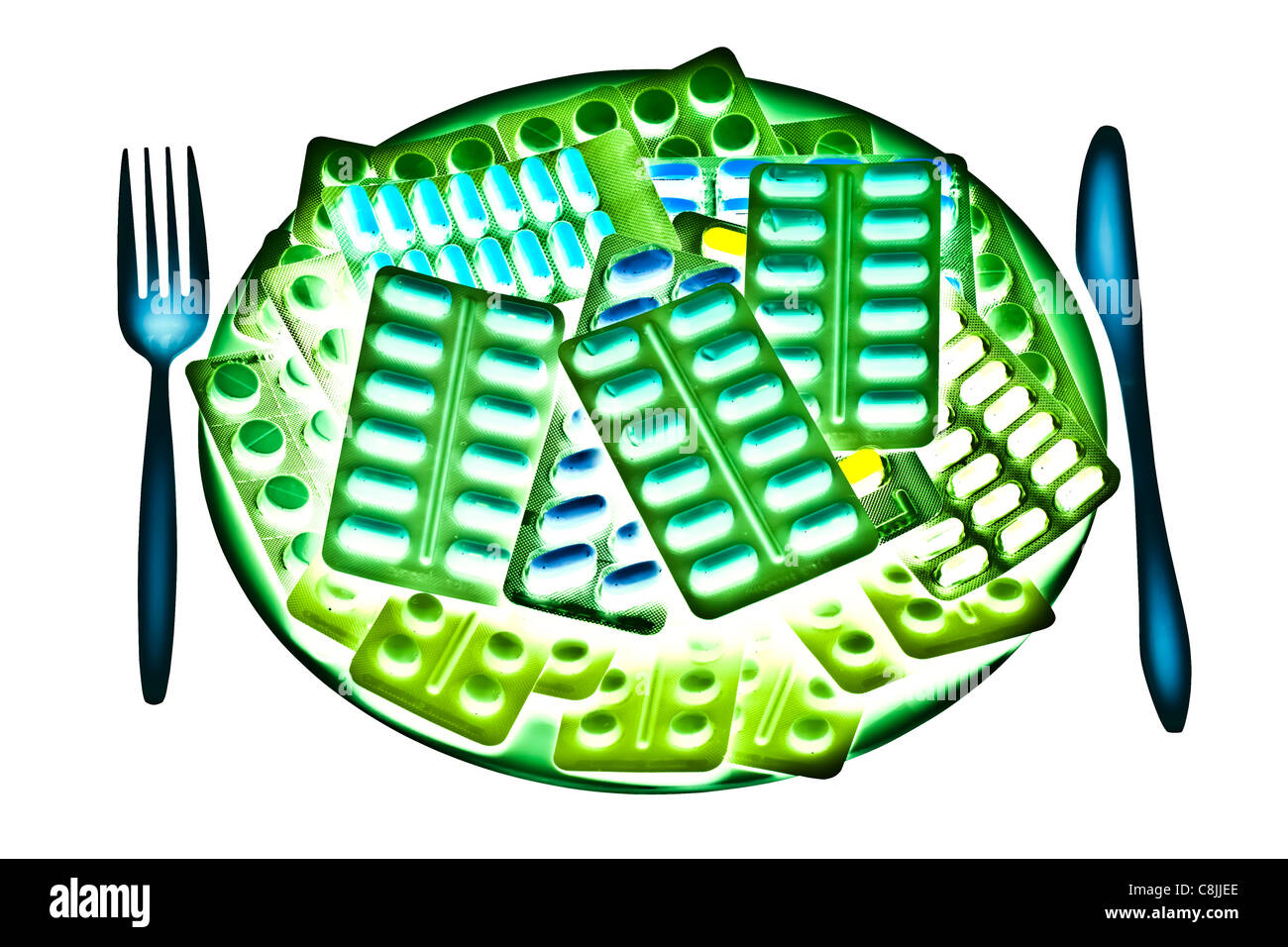 Incandescente pillole colorate e compresse. Pasto moderna e il concetto di assistenza sanitaria. Isolato su sfondo bianco. Foto Stock