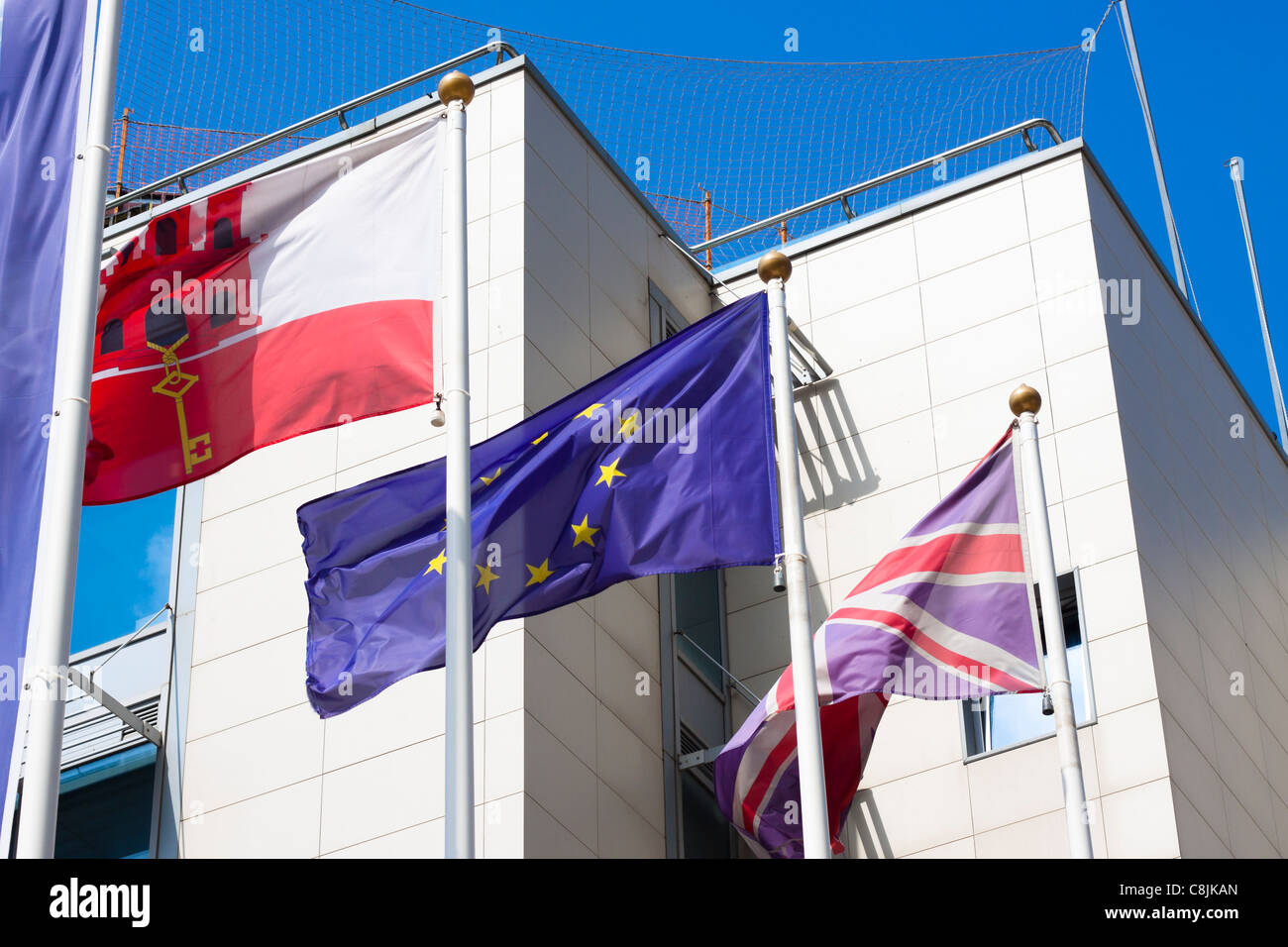Bandiera di Gibilterra, Gran Bretagna e Unione europea. Foto Stock