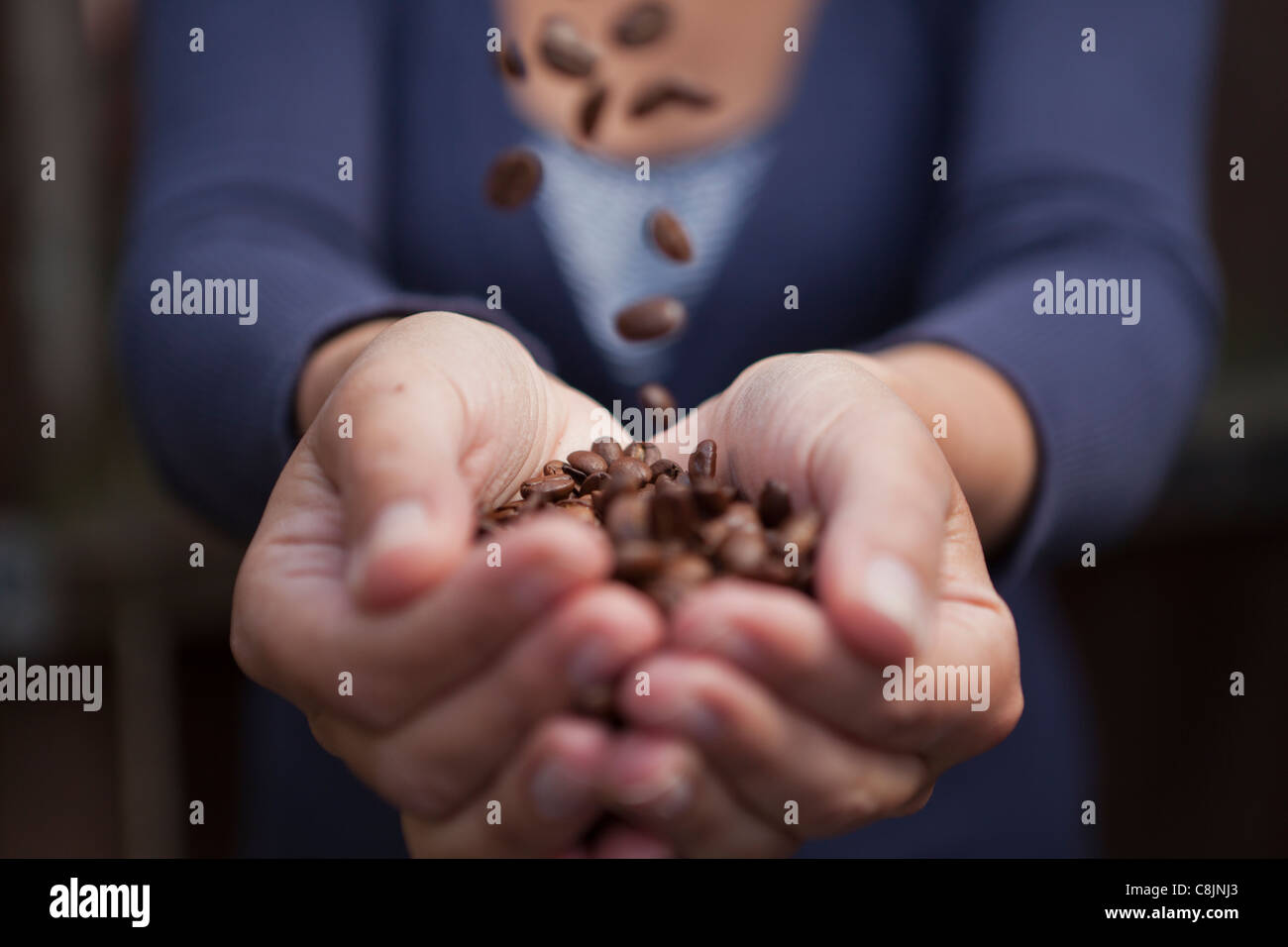 Chicchi di caffè tostati-close-up,fuoco selettivo Foto Stock