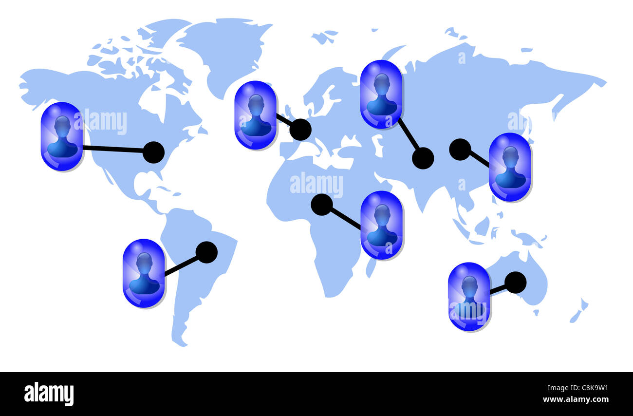 Amici in social media network sulla mappa del mondo Foto Stock