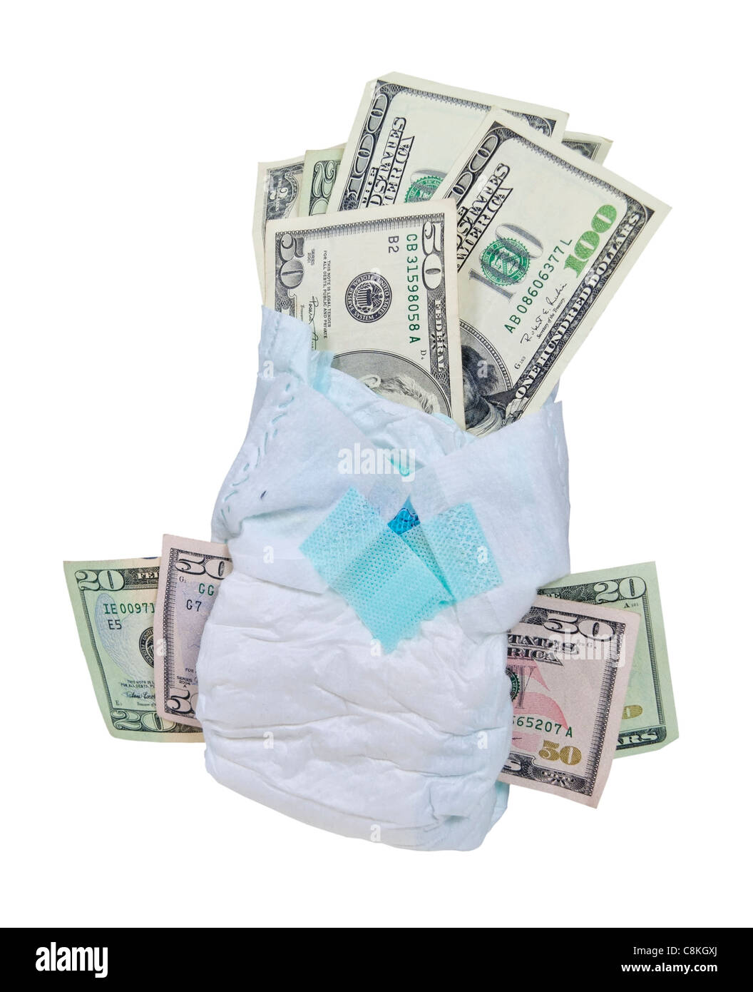 Il denaro in un pannolino visualizzando il costo della cura di un bambino - percorso incluso Foto Stock