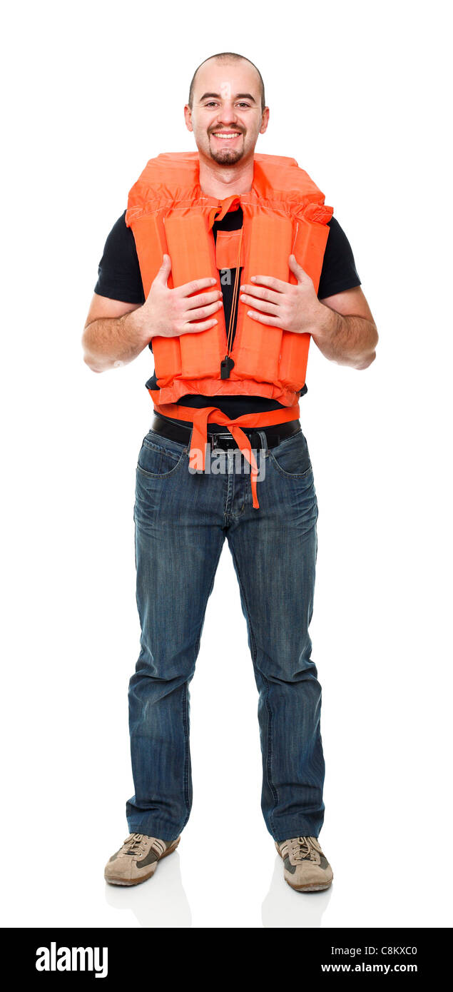 Uomo con personale dispositivo di galleggiamento Foto Stock