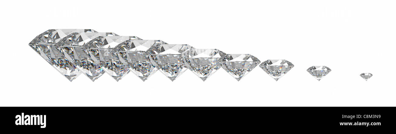 Diamanti in una riga isolata su bianco, 3D render Foto Stock