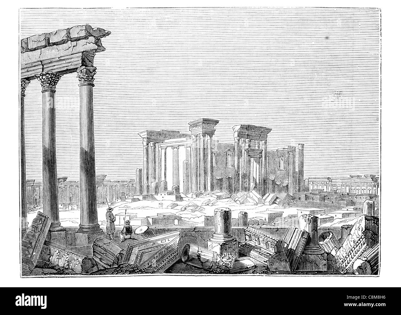 Palmyra antica Siria caravan viaggiatori città sposa tempio deserto rovina rovine rovinato arch pilastro ionico corinzio colonna archi Foto Stock