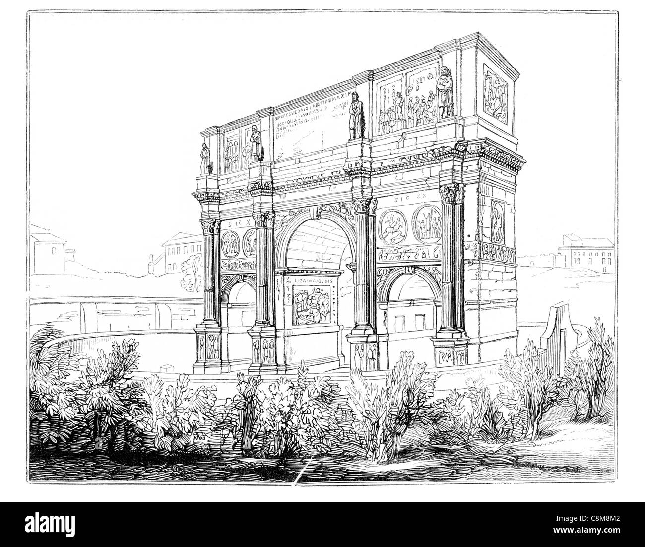 Arco di Costantino trionfale Roma Colosseo Palatino commemorare Costantino I Massenzio battaglia Milvian Bridge archway Foto Stock