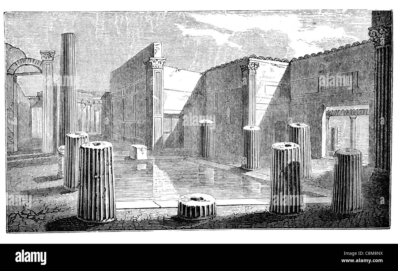 Pompei pompeiano architettura interior Mansion colonne colonna pilastro fontana romana antica Vesuvio palace court Foto Stock