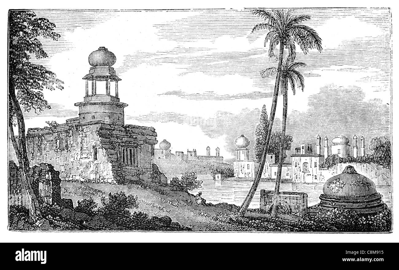 Costruzione di edifici Akbarabad Agra Uttar Pradesh India indiano minareto palace mansion città torre village Palm tree islam islamici Foto Stock