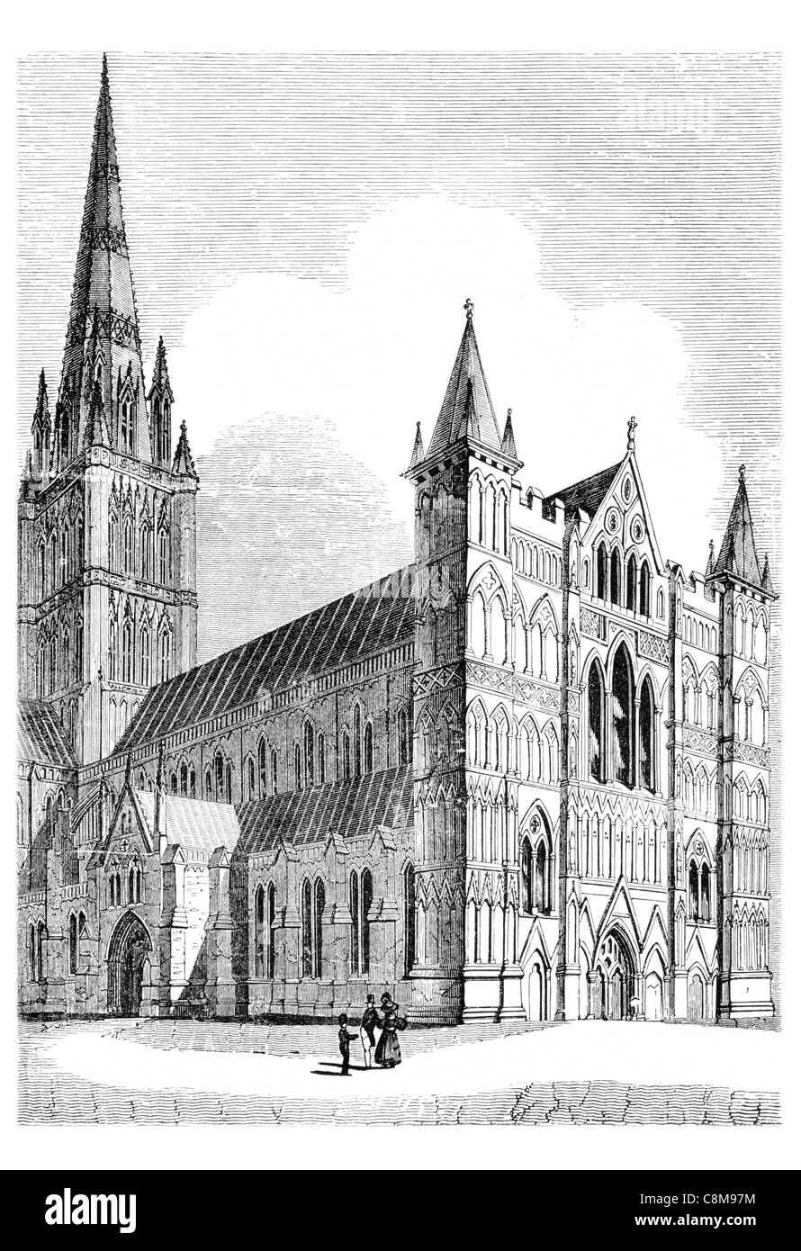 Nord vista ovest della cattedrale di Salisbury Beata Vergine Maria Inghilterra anglicana chiesa pilastro William Burges Magna Carta Foto Stock