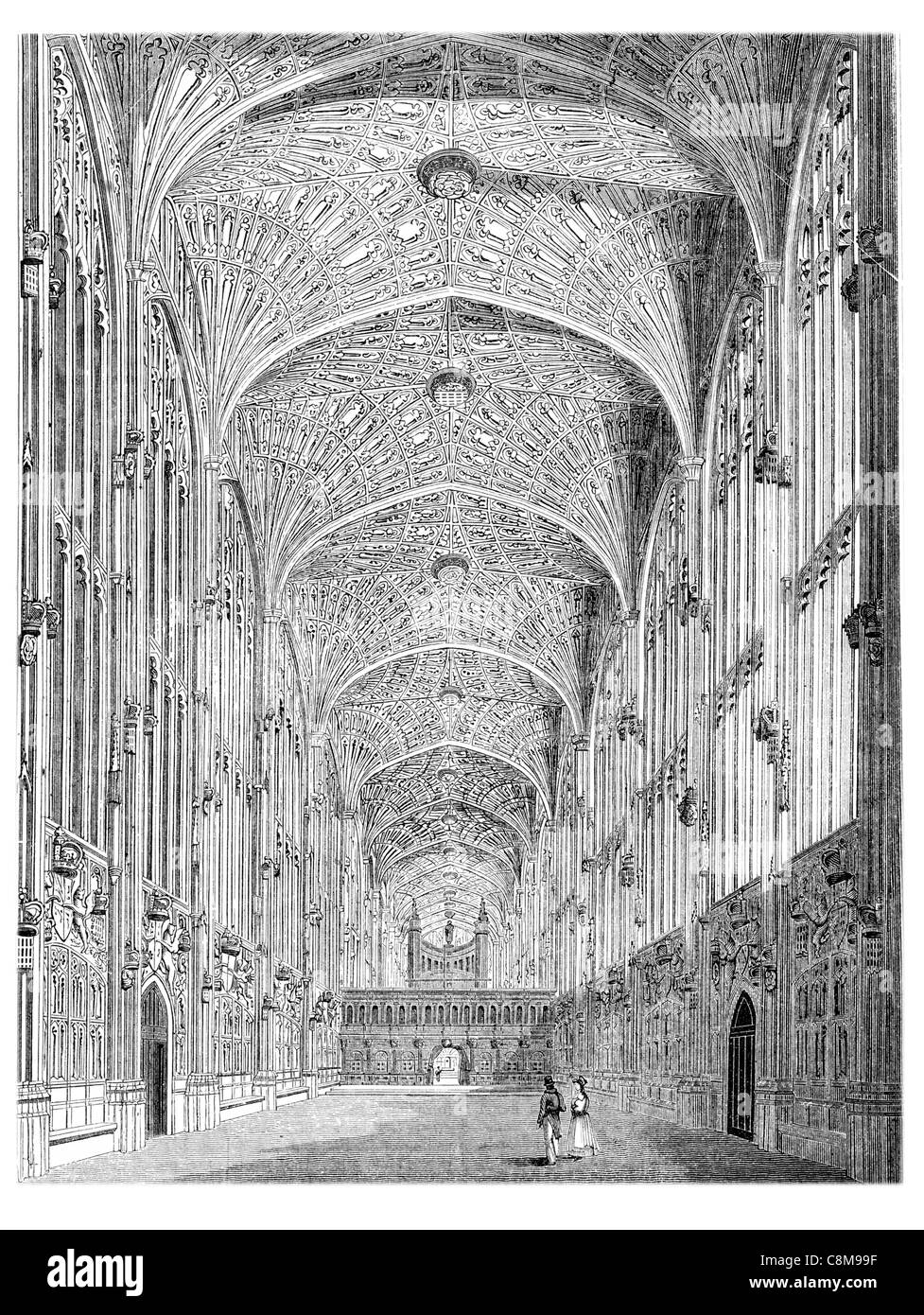Cappella del King's College University di Cambridge navata gotica il presbiterio della chiesa medievale di fine Hall interno soffitto a volta Foto Stock