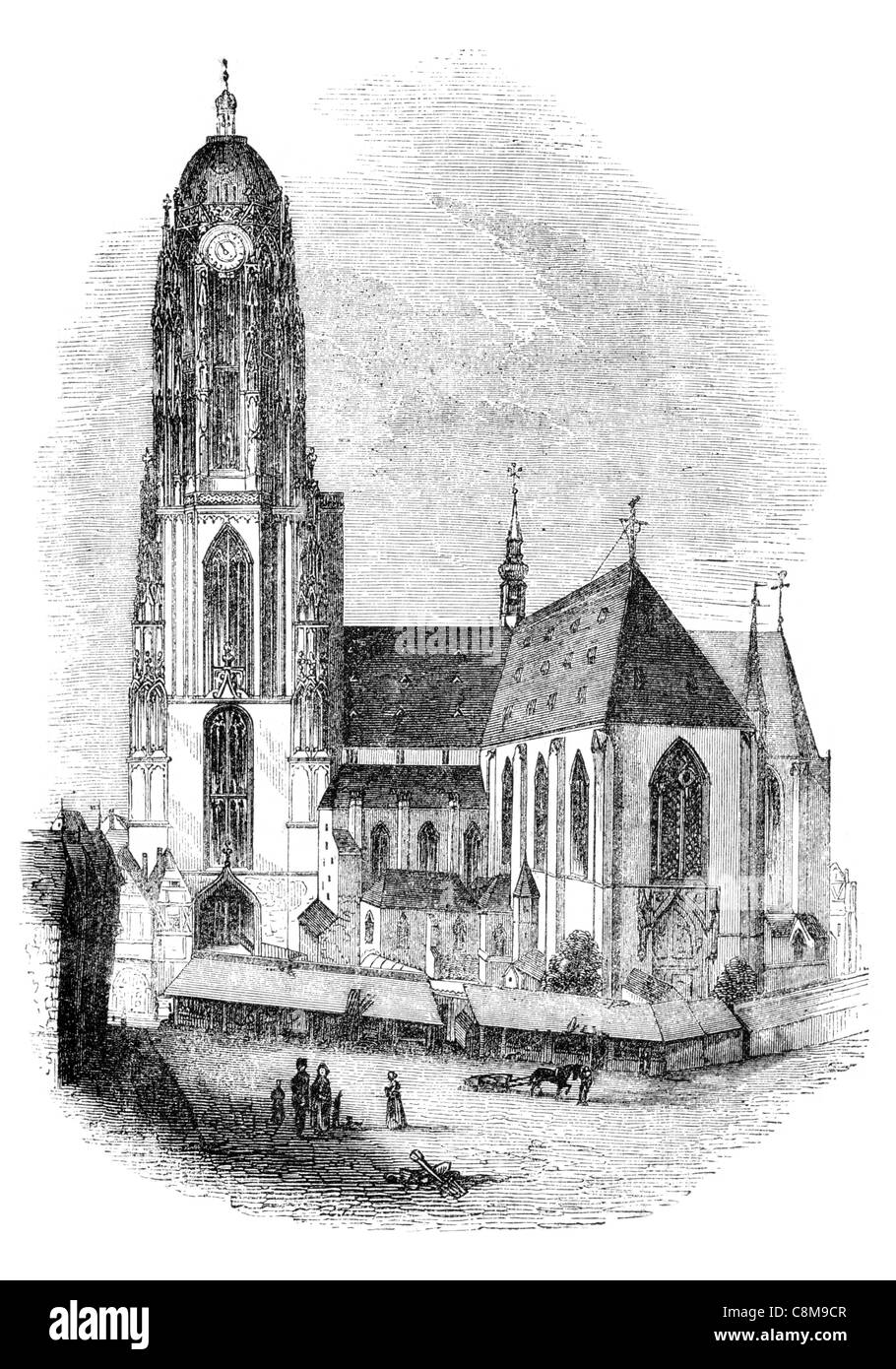 Cattedrale di Francoforte Saint Bartholomeus la cattedrale Dom Sankt Bartolomeo gotica guglia Germania torre con orologio Foto Stock