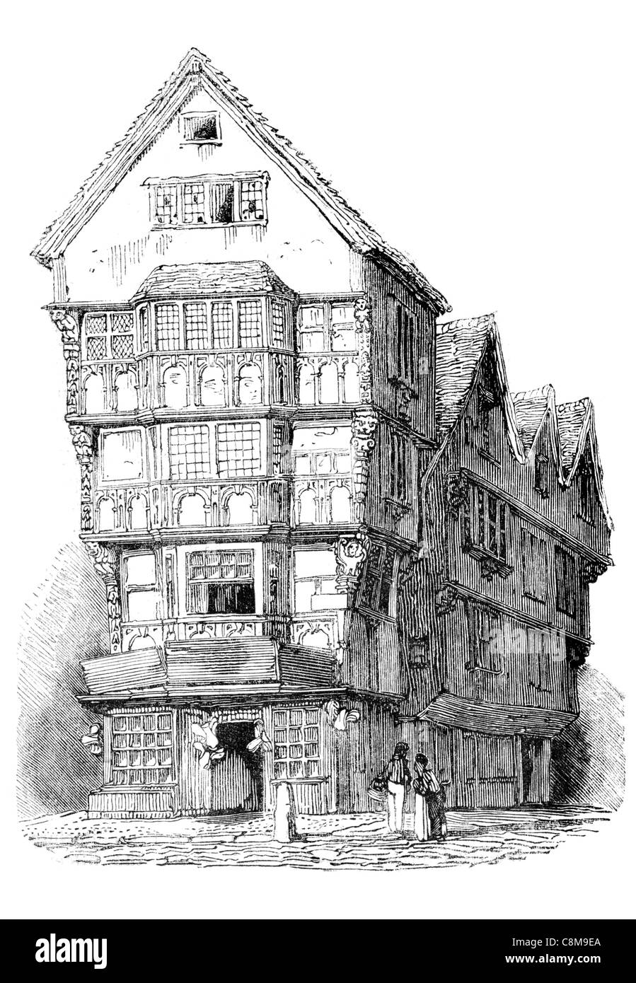 Architettura di strada del XVI secolo metà con travi di legno in legno home casa scudo facciata finestra città finestre in legno del tetto Foto Stock