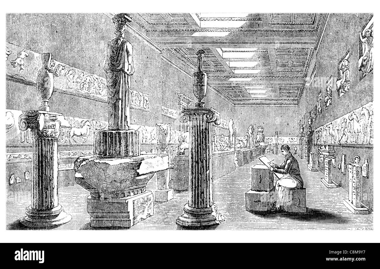 Galleria Museo Britannico Partenone marmi marmi di Elgin greca classica di sculture in marmo Fidia Acropoli di Atene statua Foto Stock