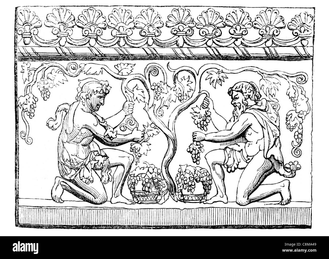 Fauni raccolta uva pietra scultura Tablet carving muratore muratura fauno phaunos fauno foresta rustico posto di Dio spirito romano Foto Stock