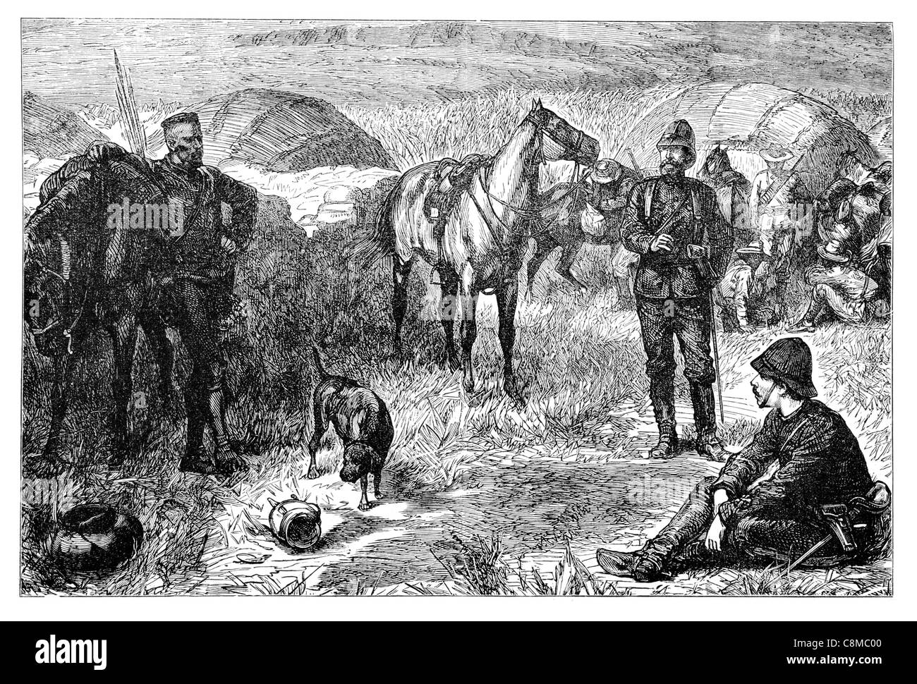 Il principe Luigi Napoleone e partito prima Zulu sorpresa cavallo fucili a canna di fucile calma camp Foto Stock