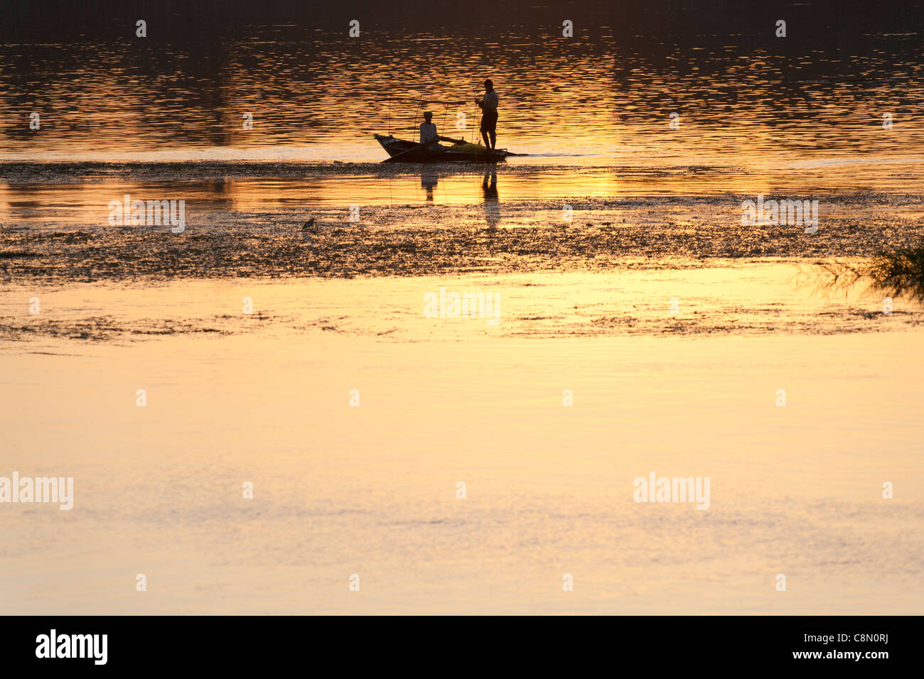La pesca con piccole imbarcazioni con reti sul fiume Nilo in Egitto presso sun insieme dando un bagliore dorato all'acqua e scontornamento figure Foto Stock