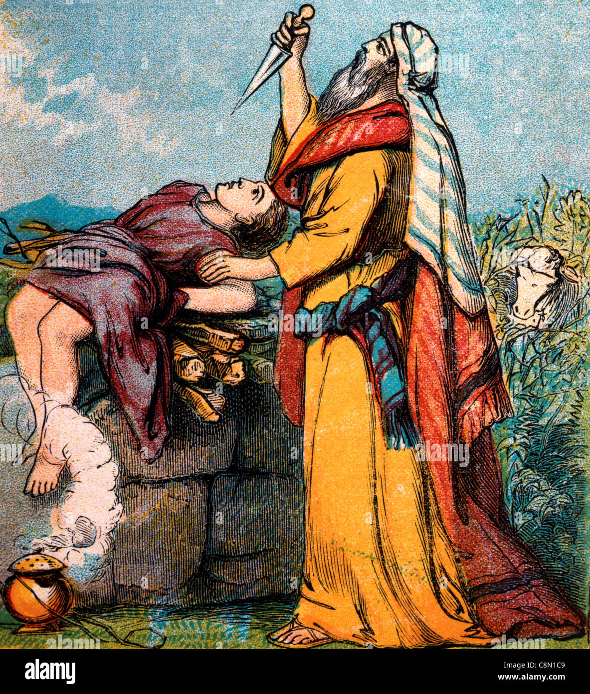 Le storie della Bibbia- illustrazione di Abramo e il legame di Isacco Genesi xxii 1-19 Foto Stock