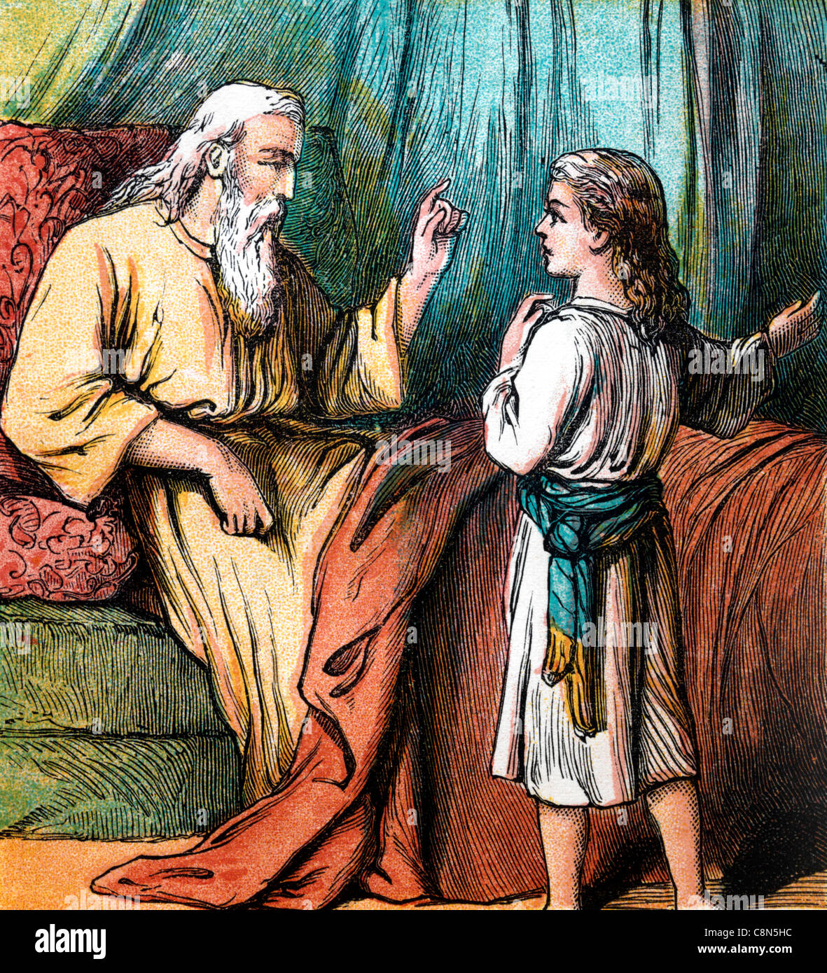 Storie bibliche- Illustrazione Samuele andò a Eli pensando di averlo sentito chiamare Libro di Samuele nel vecchio Testamento e Nevi'im Foto Stock