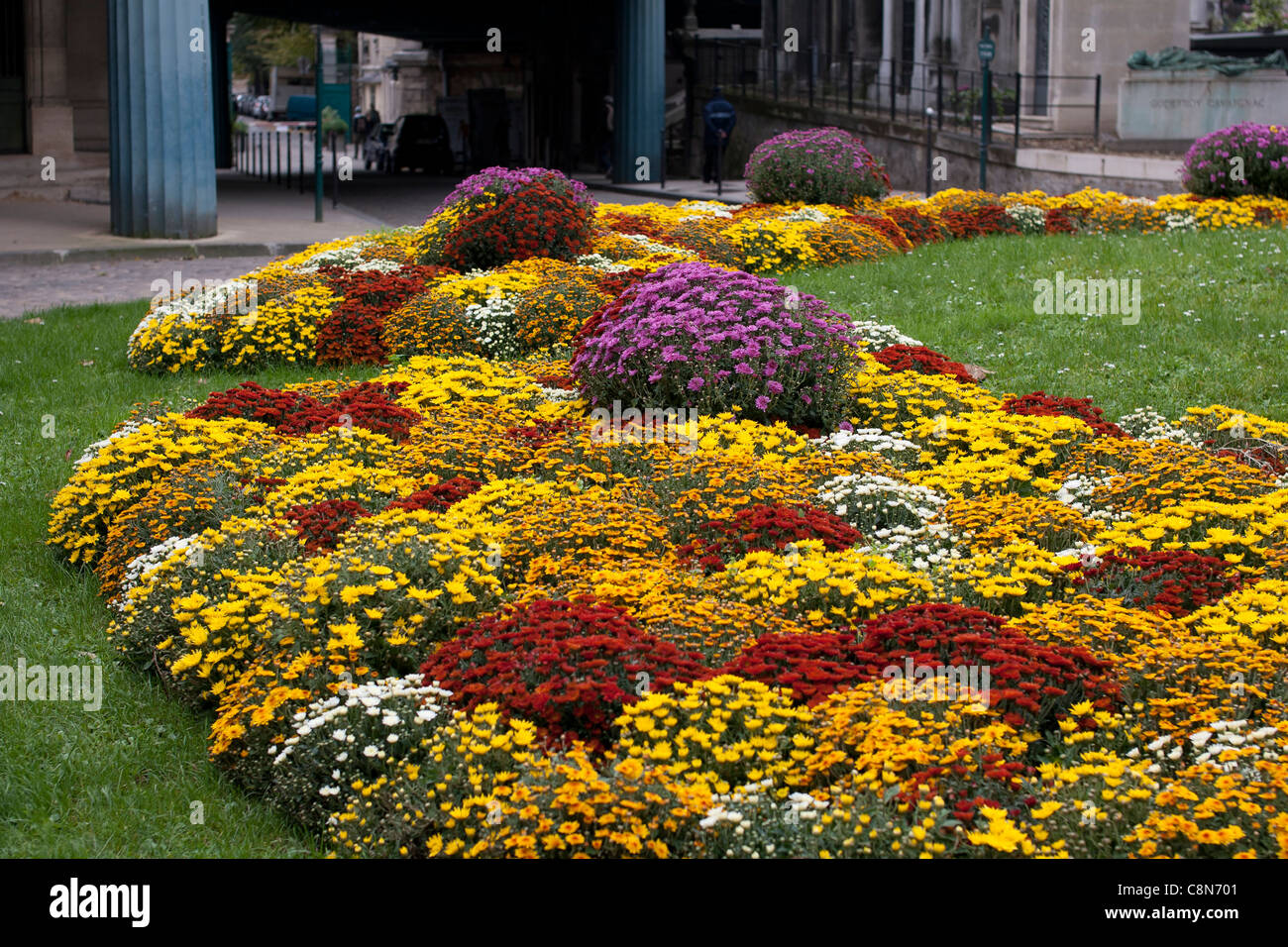 Aiuola di fiori al cimitero di Montmartre, Parigi, Francia Foto Stock