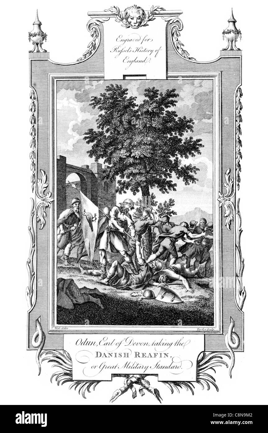 Odun Earl of Devon prendendo il danese Reafin o grande in base a standard militari conflitti di guerra battaglia combattere la guerra contro la morte di skirmish Foto Stock