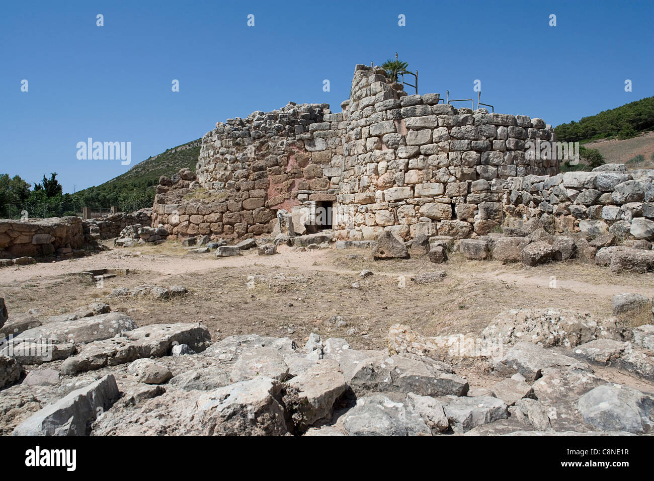 L'Italia, Sardegna, Nuraghe di Palmavera, nuragici ruderi, resti di capanne circolari Foto Stock