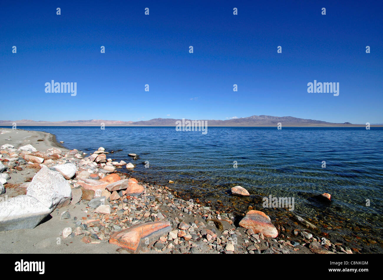 Rocce stratificate sulla sponda occidentale del lago del camminatore a Sportsman's Beach Foto Stock