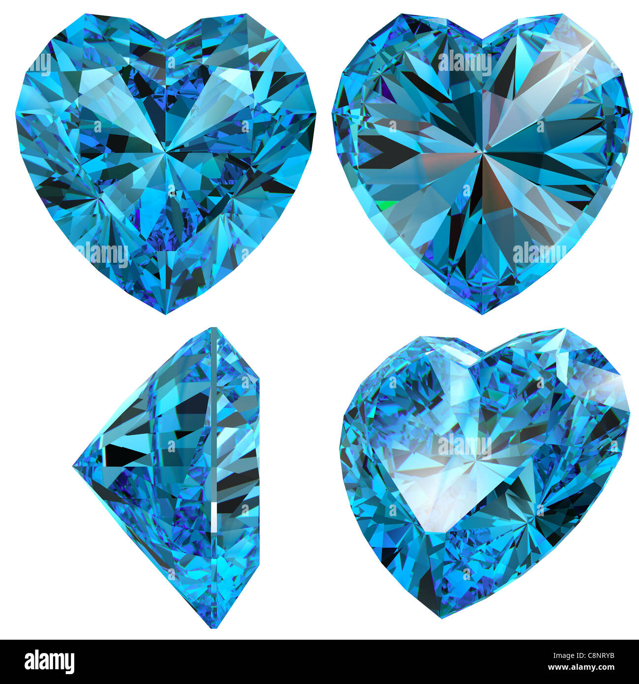 Cuore blu Taglio diamante gem isolato diverse viste di rifrazione Foto Stock