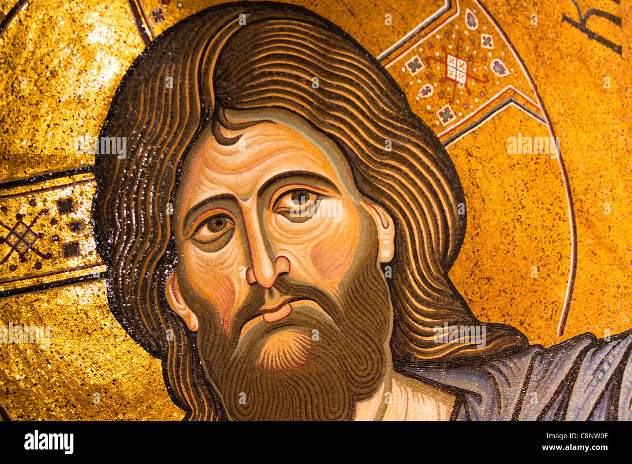 Gesù Cristo mosaico absidale, Cattedrale di Monreale, Monreale, nei pressi di Palermo, Sicilia, Italia Foto Stock