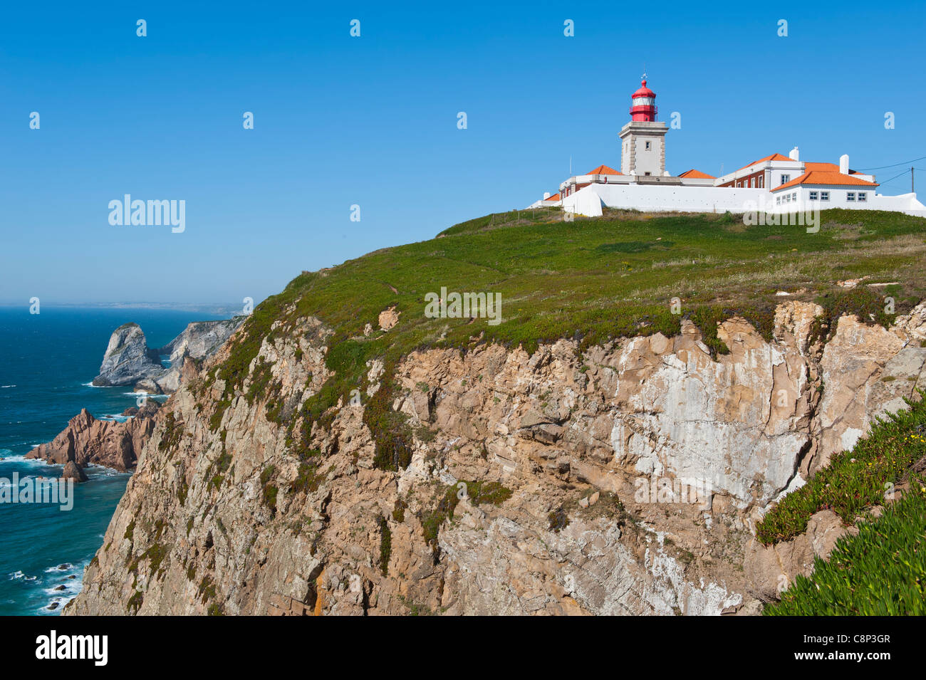 Cabo da Roca faro, misura occidentale dell'Europa, costa di Lisbona, Portogallo Foto Stock