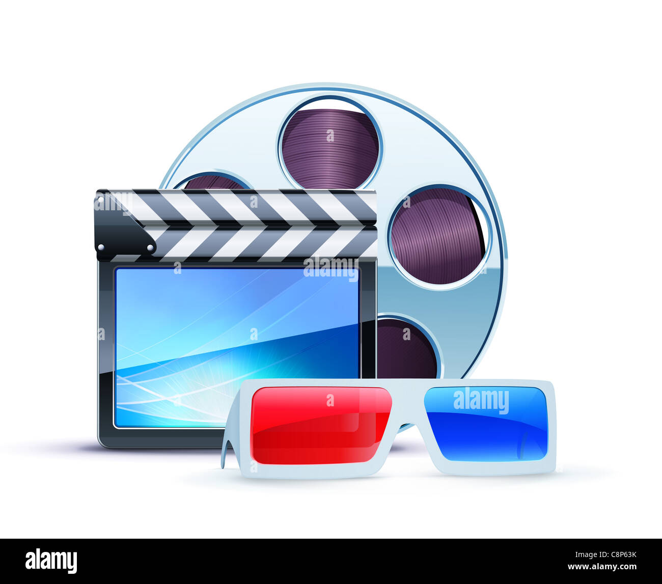 Illustrazione del cinema sfondo con 3d occhiali anaglifi, clapperboard e  una bobina di pellicola Foto stock - Alamy