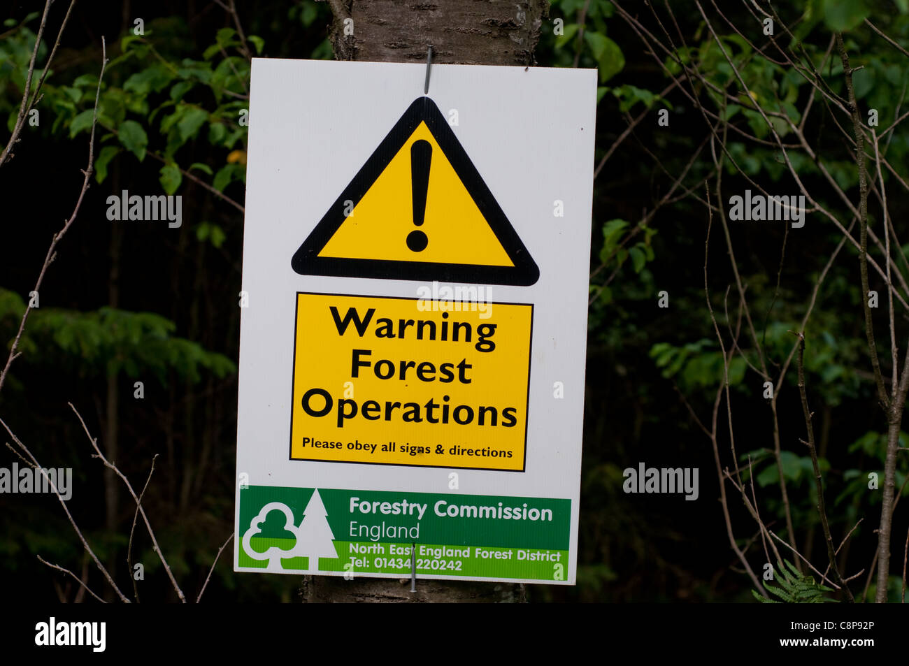 Una operazione forestale segno di avvertimento del pericolo potenziale delle operazioni forestali in corso nella foresta di hamsterley nella contea di Durham in Inghilterra del nord est. Foto Stock
