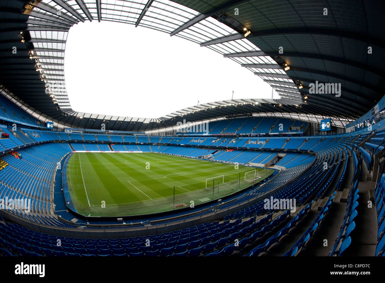 Il City of Manchester Stadium, noto anche come l'Etihad Stadium o Eastlands, casa di Manchester City Calcio Club Foto Stock