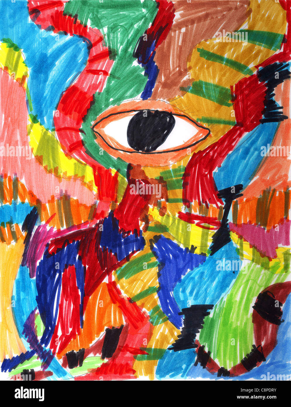 Selvaggiamente colorato disegno astratto con occhio da un autentico Ten-Year-Old-Kid artista. Foto Stock