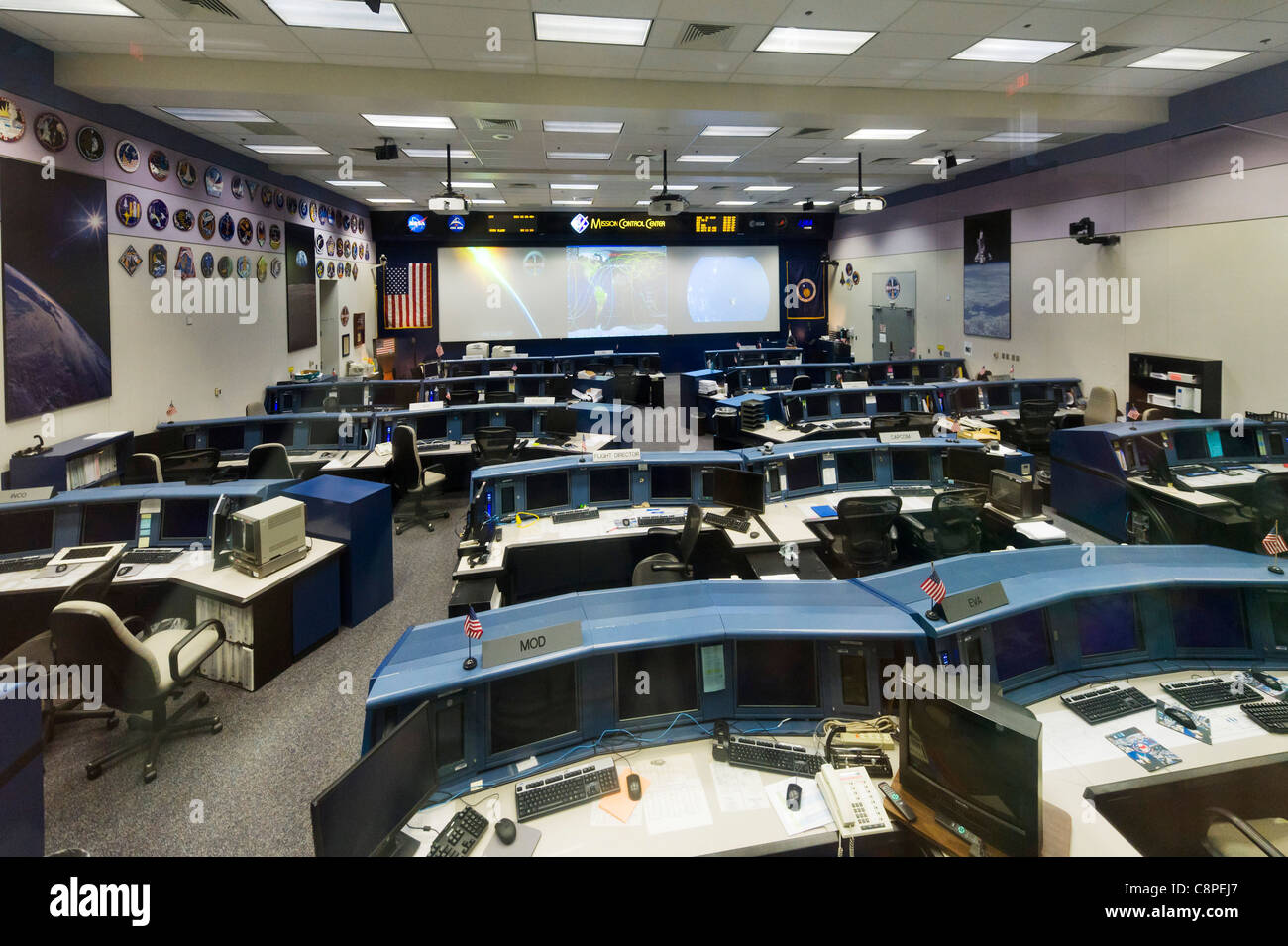 La missione del Centro di controllo presso il Johnson Space Center a Houston, Texas, Stati Uniti d'America Foto Stock