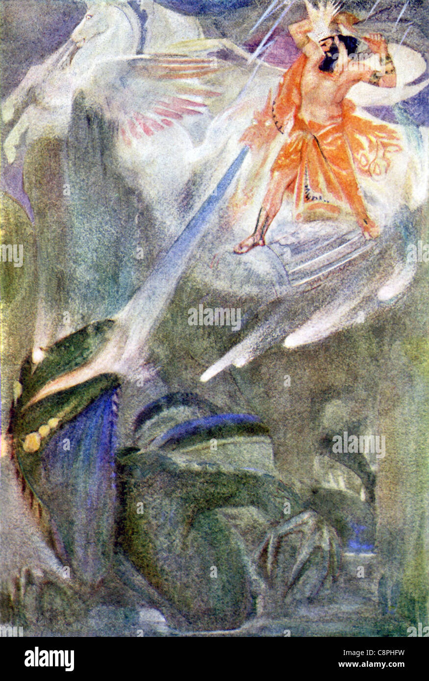 Merodach (divinità mesopotamiche Marduk) combatte Tiawath ( Tiamat), il drago del mare primordiale. Foto Stock