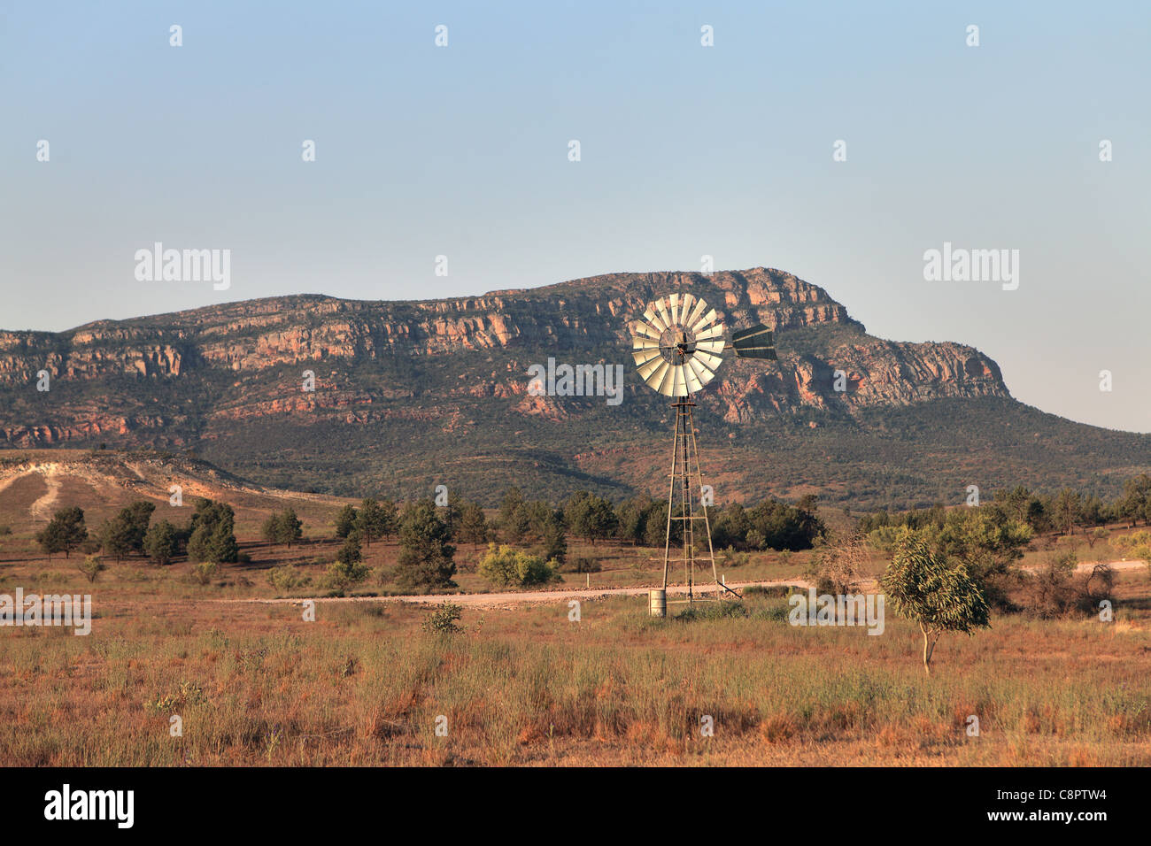 Il mulino a vento, vicino Rawnsley Bluff, Wilpeena Pound, Flinders Ranges, Sud Australia Foto Stock