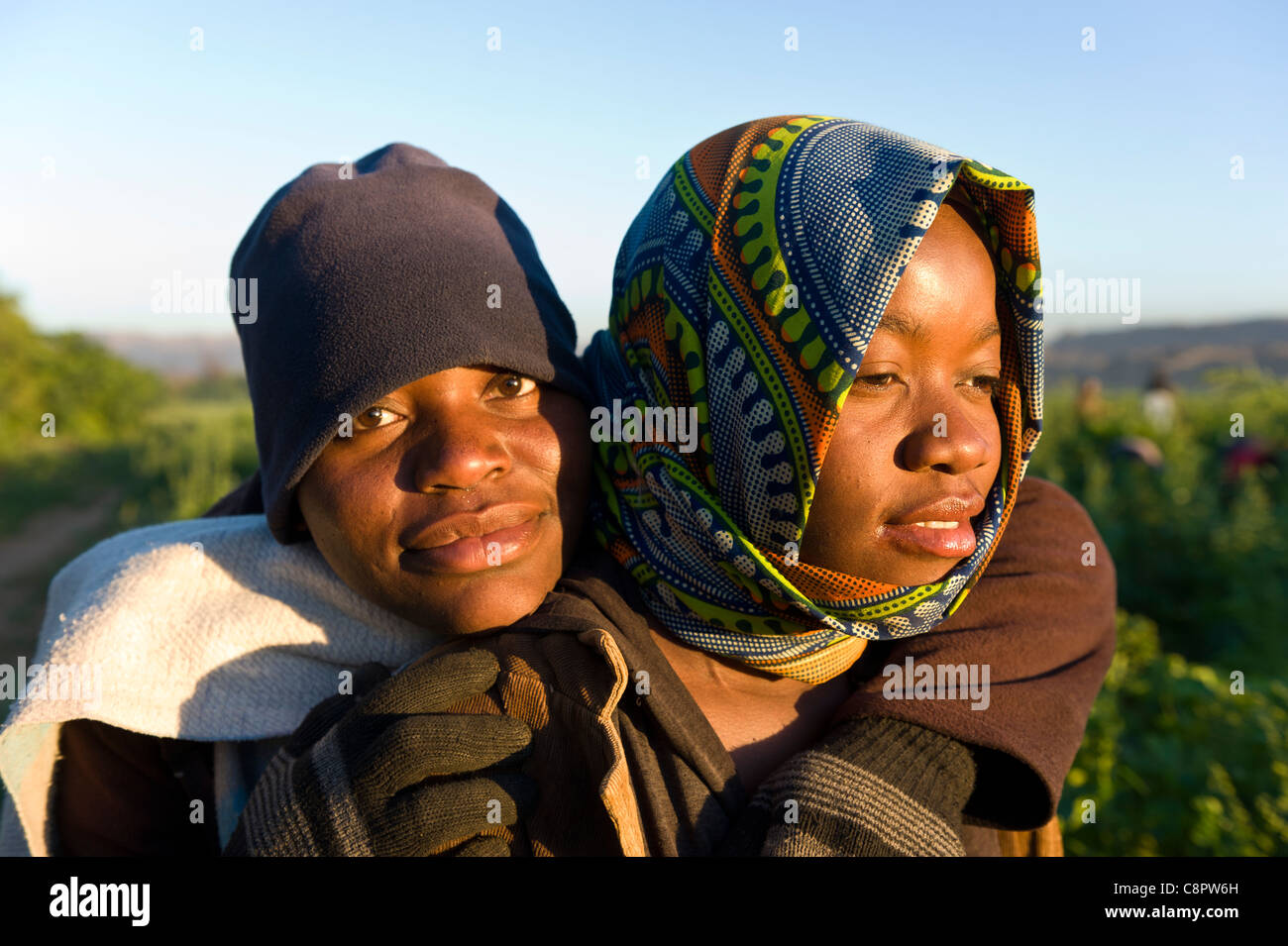 Lavoratori di campo abbracciando Noordoewer Namibia Foto Stock